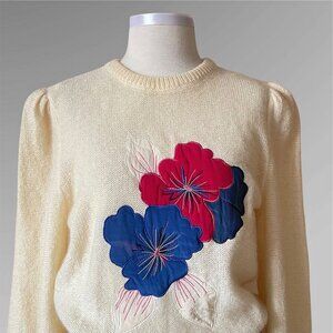 AS-IS Vintage ESCADA 1983 Cream Mohair Knit Floral Puffed Shoulders Sweater